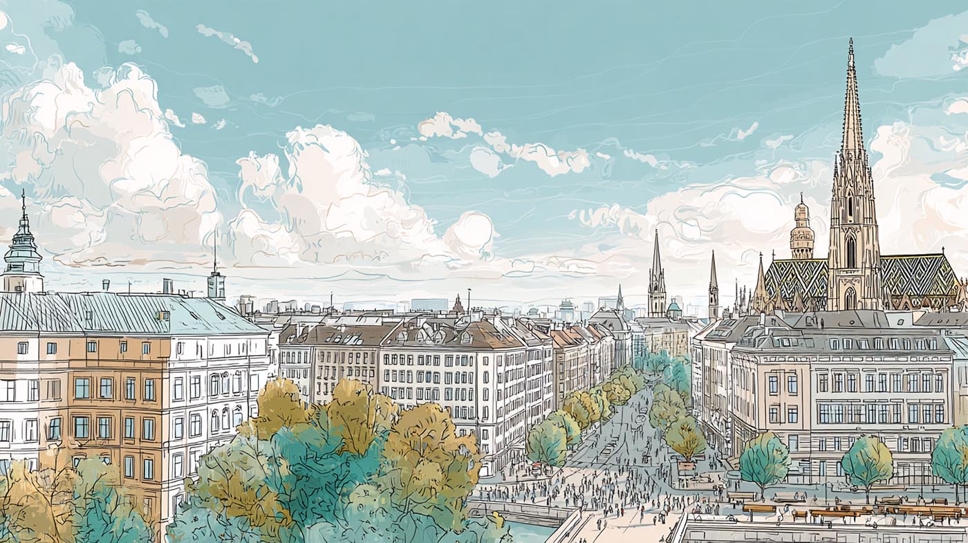 The_city_of_Vienna_line_art_with_watercolor_coloring